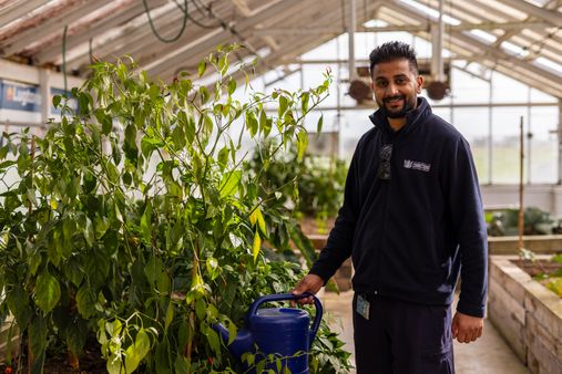 A community work supervisor watering plants